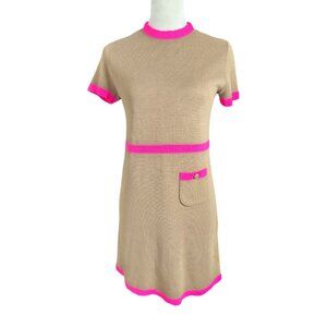 Fabulous Vintage 70s Charlie's Girls Brown and Day Glo Pink Trim Knit Dress EUC
